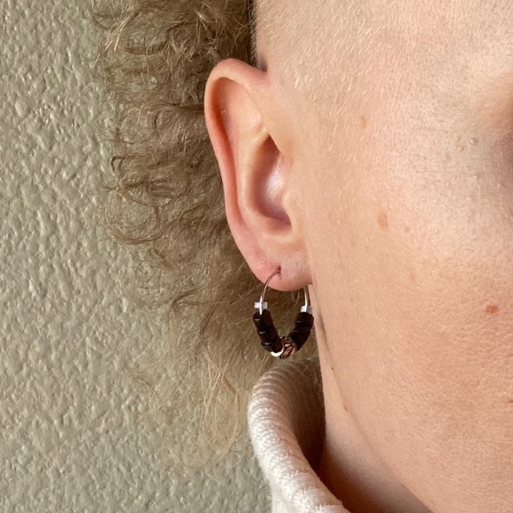 Handmade Dark Wood Beaded Hoop Earrings - Picture 5 of 8